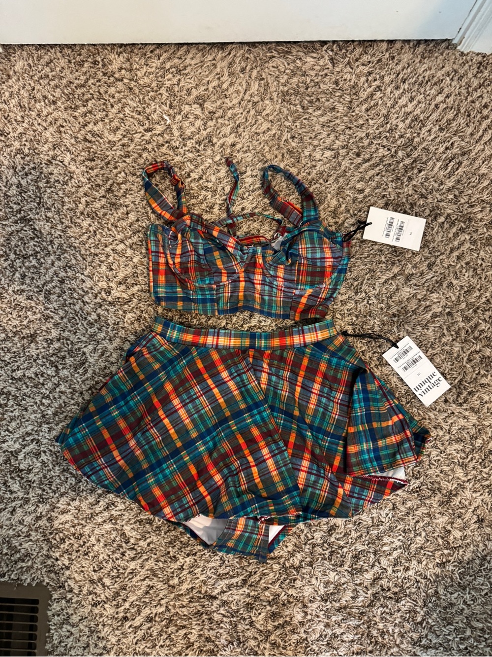 Plaid Two-Piece Crop Top & Skirt Set - Multicolor retro vintage inspired